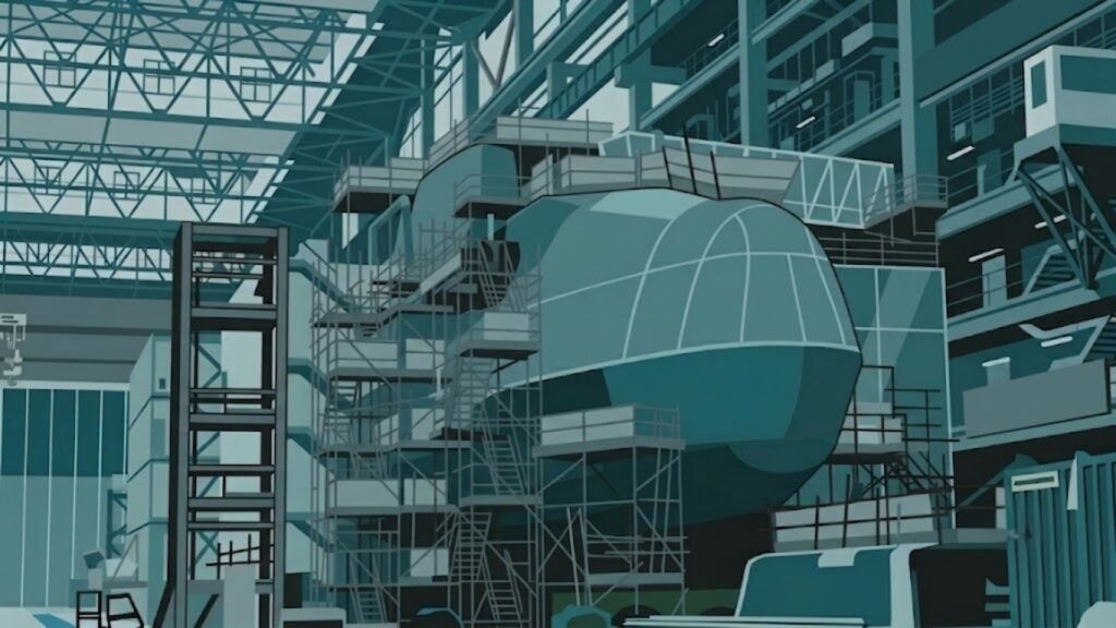 AI generated image of a submarine in a ship yard