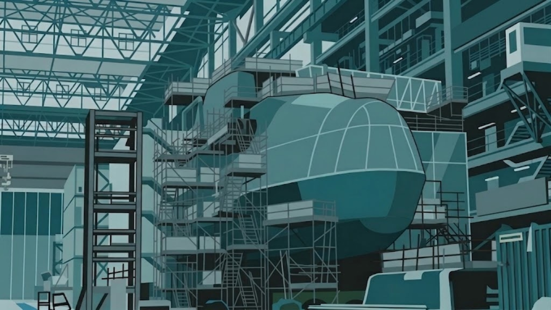 AI generated image of a submarine in a ship yard